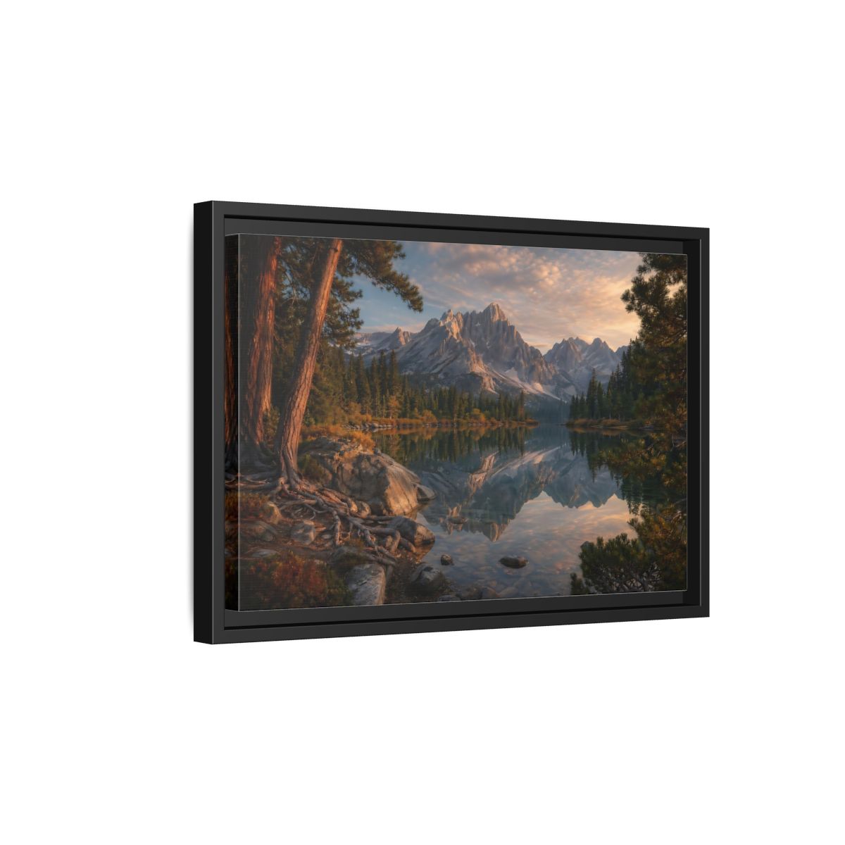 Side Mockup 6. Nature Mountain Lake Mountain Lake Sunset shown as stretched canvas wall art