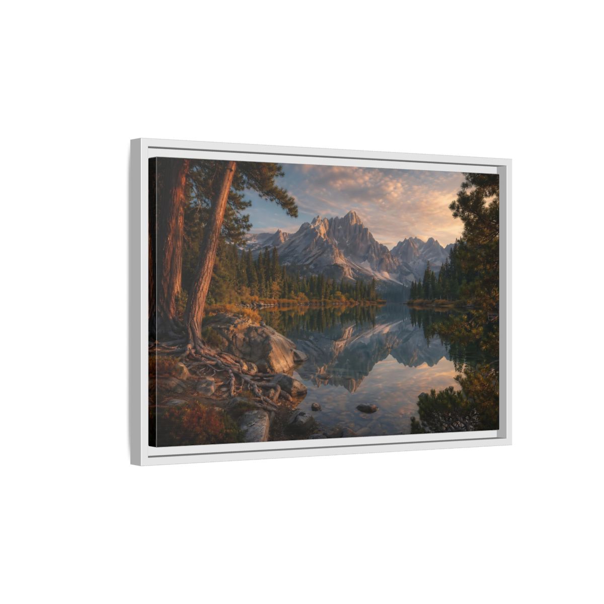 Side Mockup 1. Nature Mountain Lake Mountain Lake Sunset shown as stretched canvas wall art