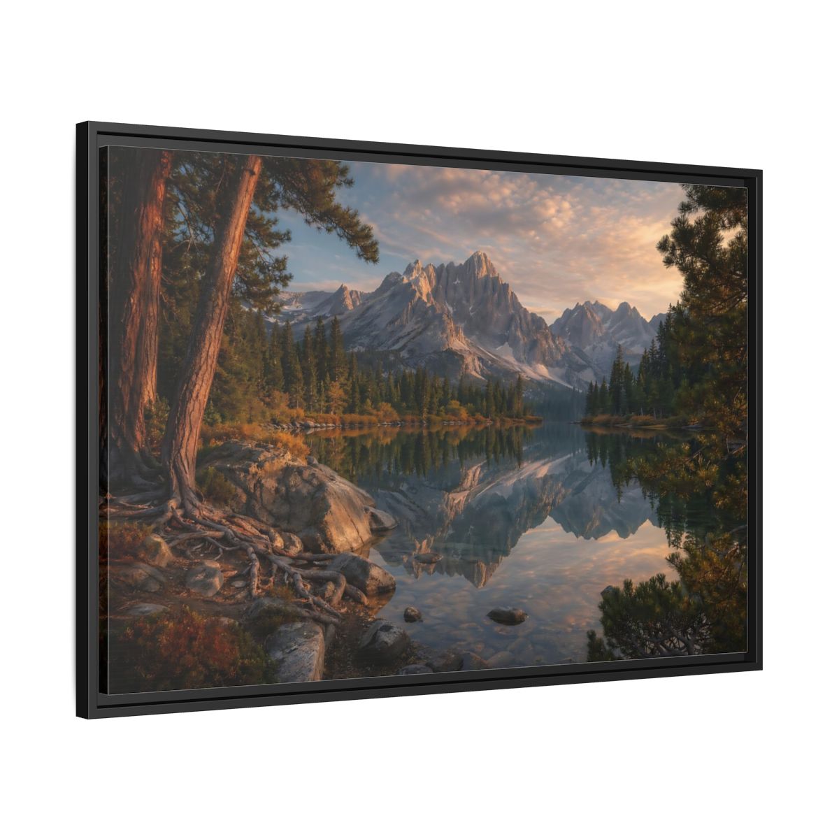 Side Mockup 13. Nature Mountain Lake Mountain Lake Sunset shown as stretched canvas wall art