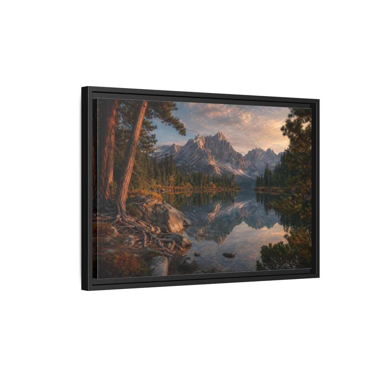 Side Mockup 3. Nature Mountain Lake Mountain Lake Sunset shown as stretched canvas wall art