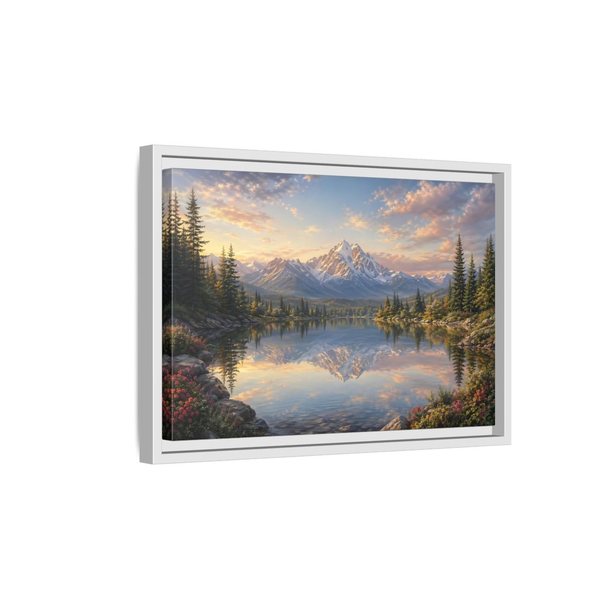 Side Mockup 4. Nature Mountain Lake Mountain Lake Sunset shown as stretched canvas wall art