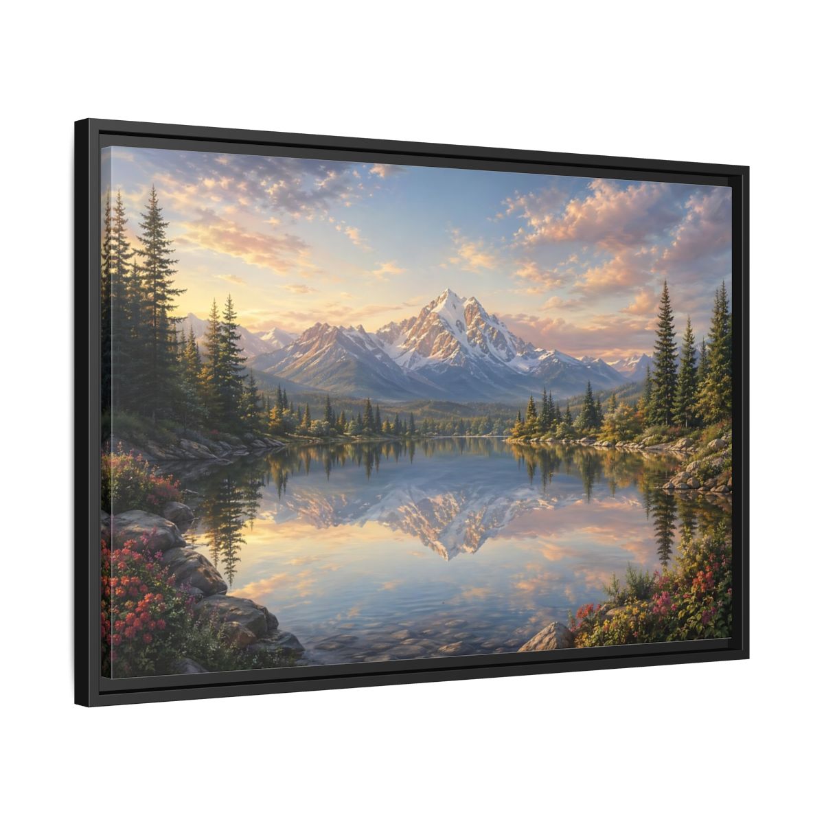 Side Mockup 14. Nature Mountain Lake Mountain Lake Sunset shown as stretched canvas wall art