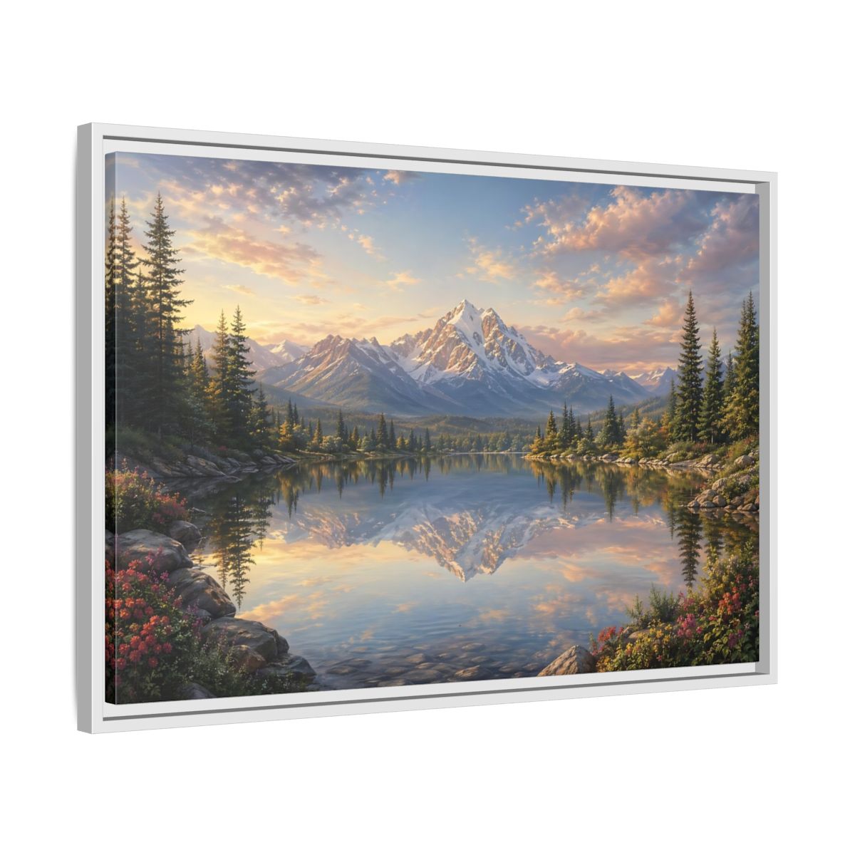Side Mockup 10. Nature Mountain Lake Mountain Lake Sunset shown as stretched canvas wall art