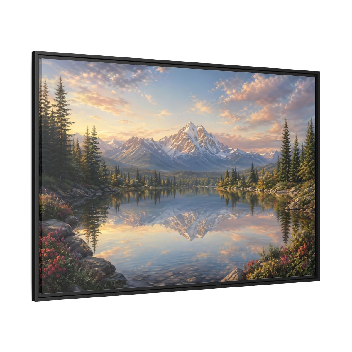 Side Mockup 12. Nature Mountain Lake Mountain Lake Sunset shown as stretched canvas wall art
