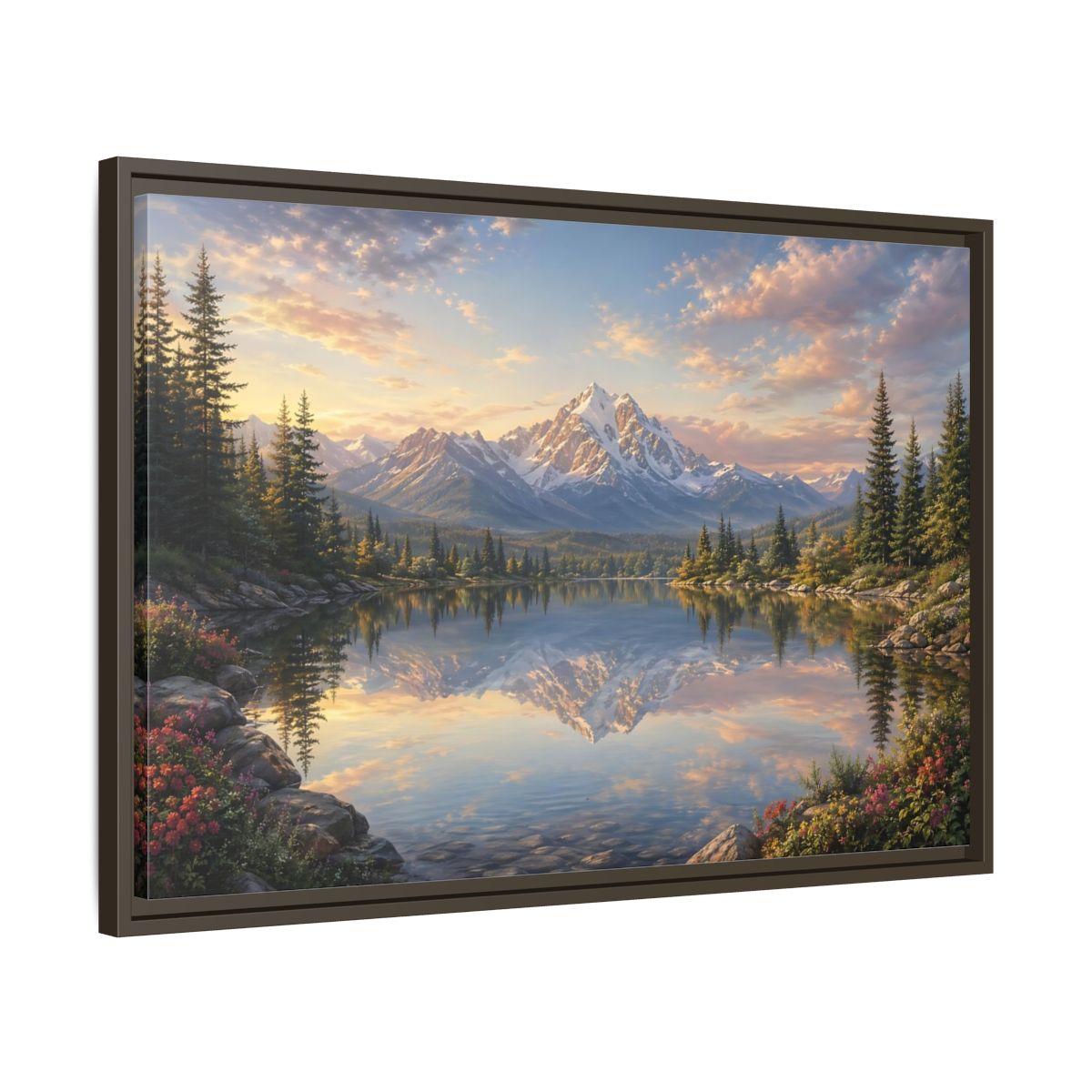 Side Mockup 11. Nature Mountain Lake Mountain Lake Sunset shown as stretched canvas wall art
