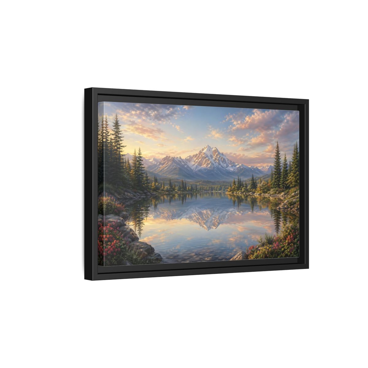 Side Mockup 6. Nature Mountain Lake Mountain Lake Sunset shown as stretched canvas wall art