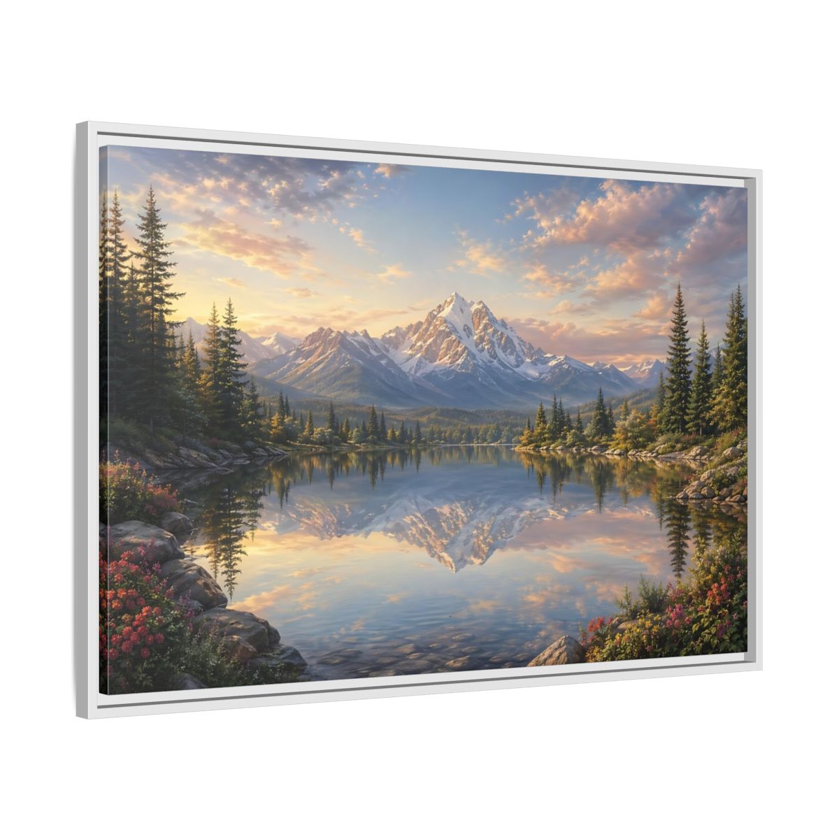 Side Mockup 9. Nature Mountain Lake Mountain Lake Sunset shown as stretched canvas wall art