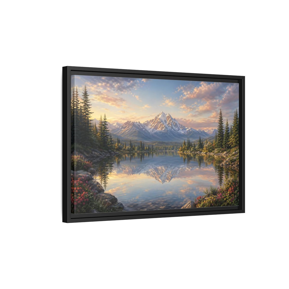 Side Mockup 3. Nature Mountain Lake Mountain Lake Sunset shown as stretched canvas wall art
