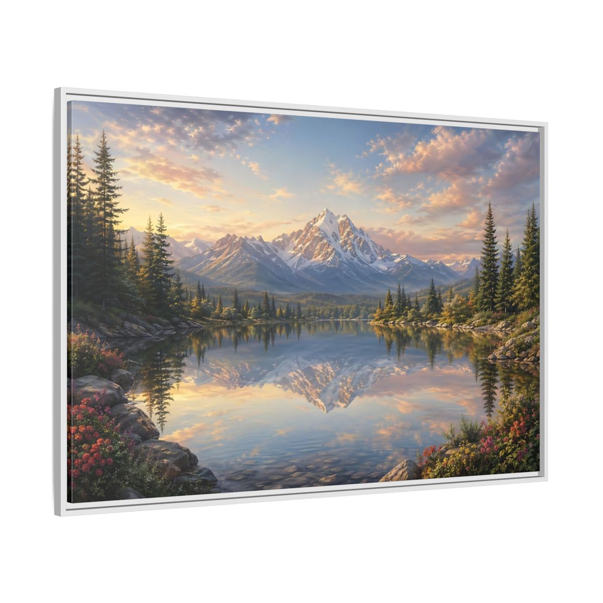 Side Mockup 7. Nature Mountain Lake Mountain Lake Sunset shown as stretched canvas wall art