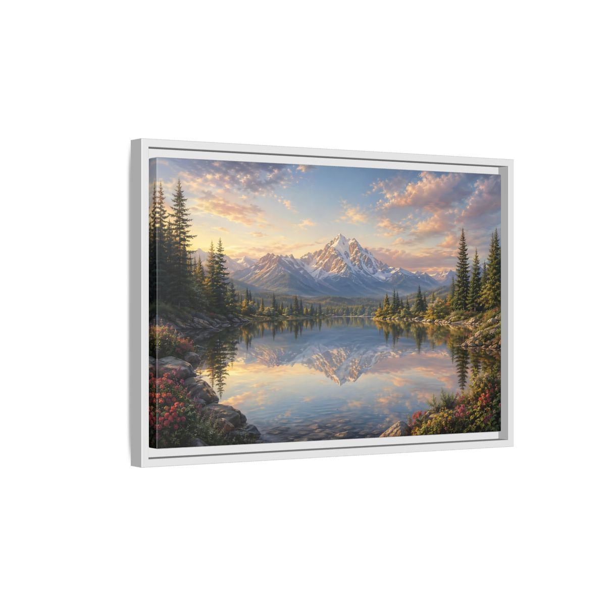 Side Mockup 1. Nature Mountain Lake Mountain Lake Sunset shown as stretched canvas wall art