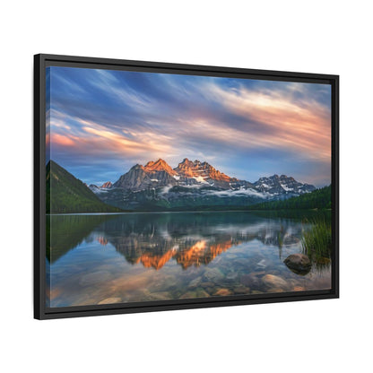 Side Mockup 14. Nature Mountain Lake Mountain Lake Sunset shown as stretched canvas wall art