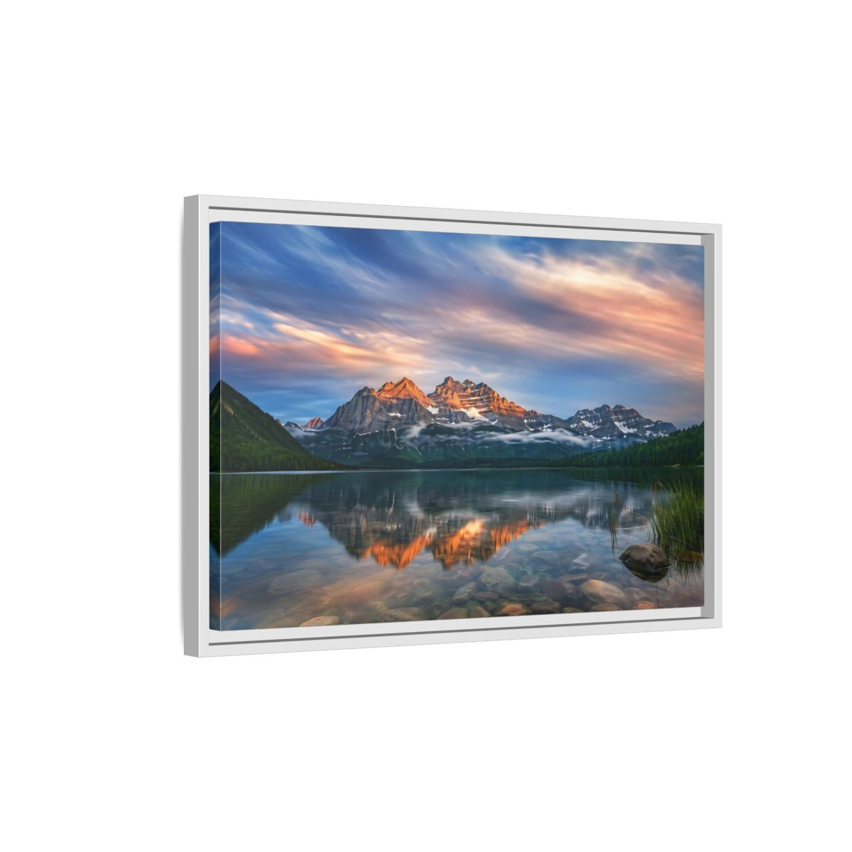 Side Mockup 1. Nature Mountain Lake Mountain Lake Sunset shown as stretched canvas wall art