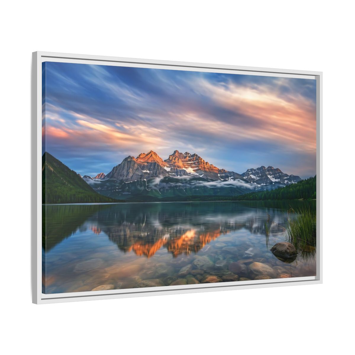 Side Mockup 9. Nature Mountain Lake Mountain Lake Sunset shown as stretched canvas wall art