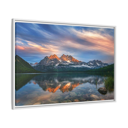 Side Mockup 9. Nature Mountain Lake Mountain Lake Sunset shown as stretched canvas wall art