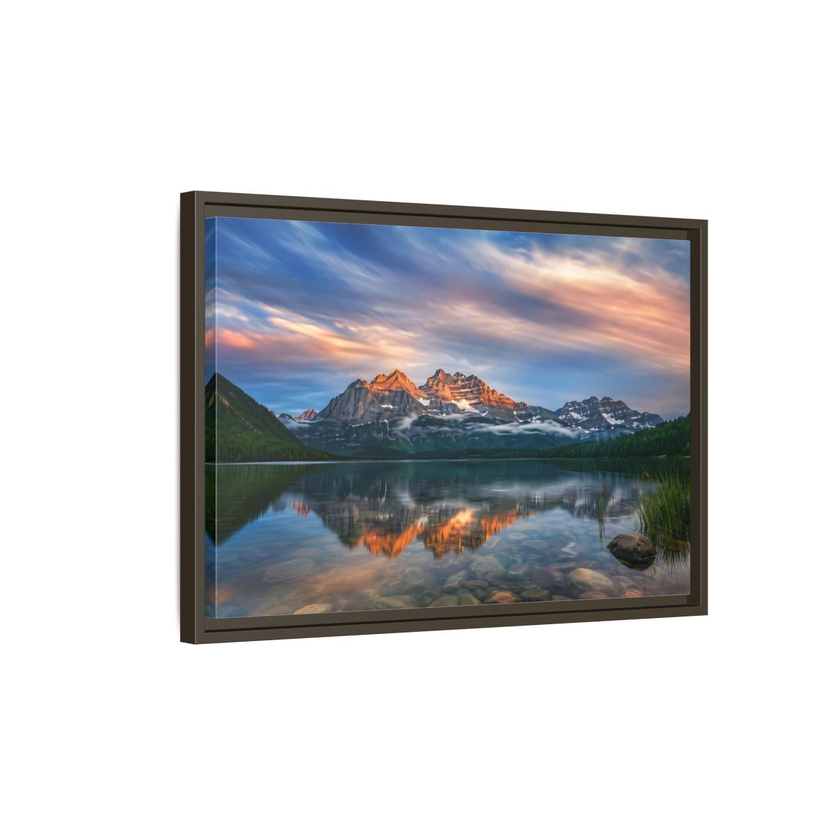 Side Mockup 2. Nature Mountain Lake Mountain Lake Sunset shown as stretched canvas wall art