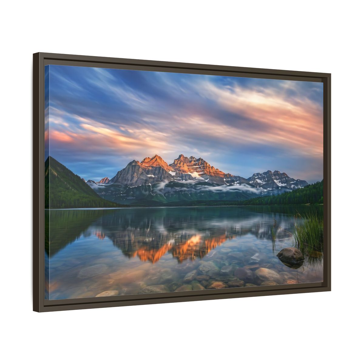 Side Mockup 11. Nature Mountain Lake Mountain Lake Sunset shown as stretched canvas wall art