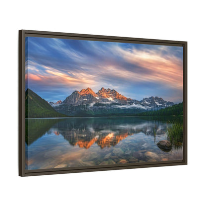 Side Mockup 11. Nature Mountain Lake Mountain Lake Sunset shown as stretched canvas wall art