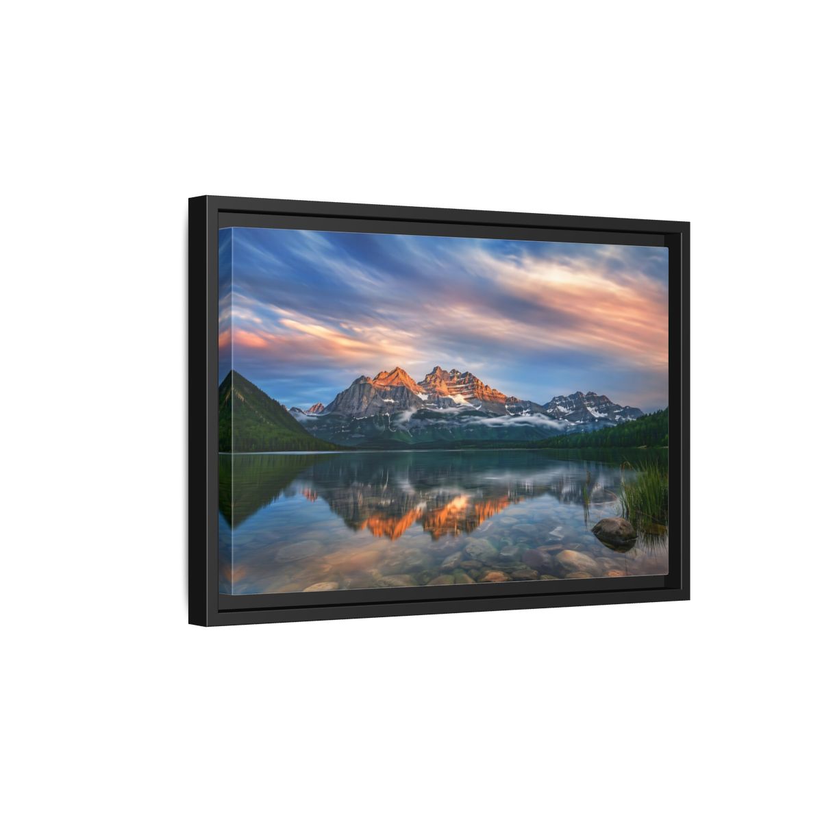 Side Mockup 6. Nature Mountain Lake Mountain Lake Sunset shown as stretched canvas wall art