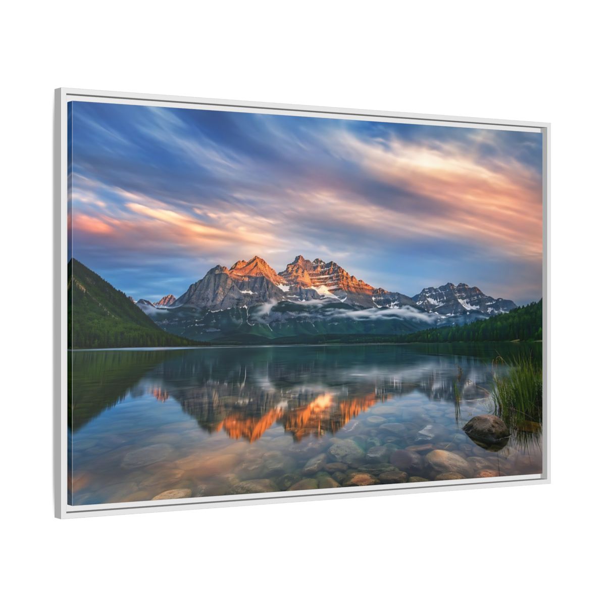 Side Mockup 7. Nature Mountain Lake Mountain Lake Sunset shown as stretched canvas wall art