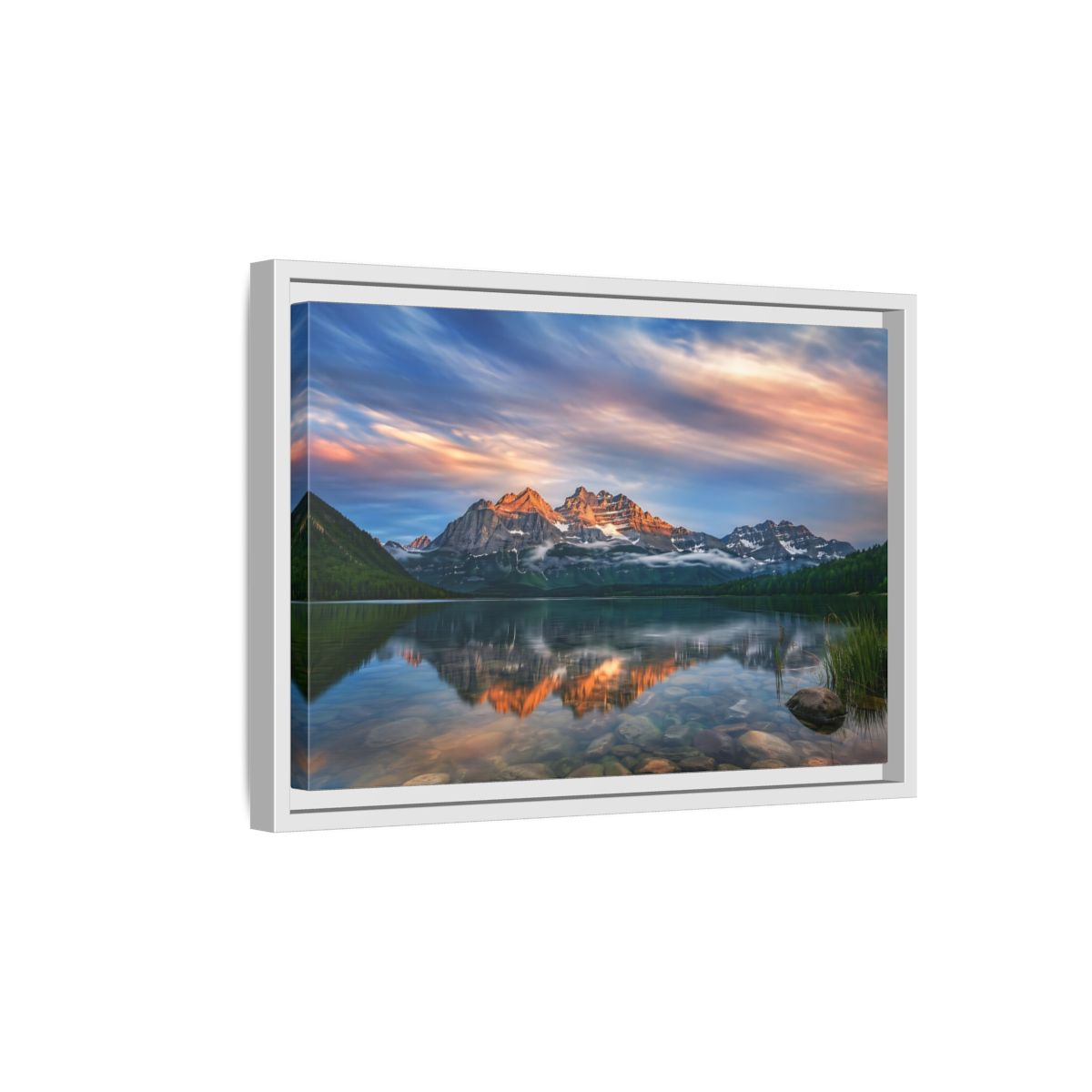 Side Mockup 4. Nature Mountain Lake Mountain Lake Sunset shown as stretched canvas wall art