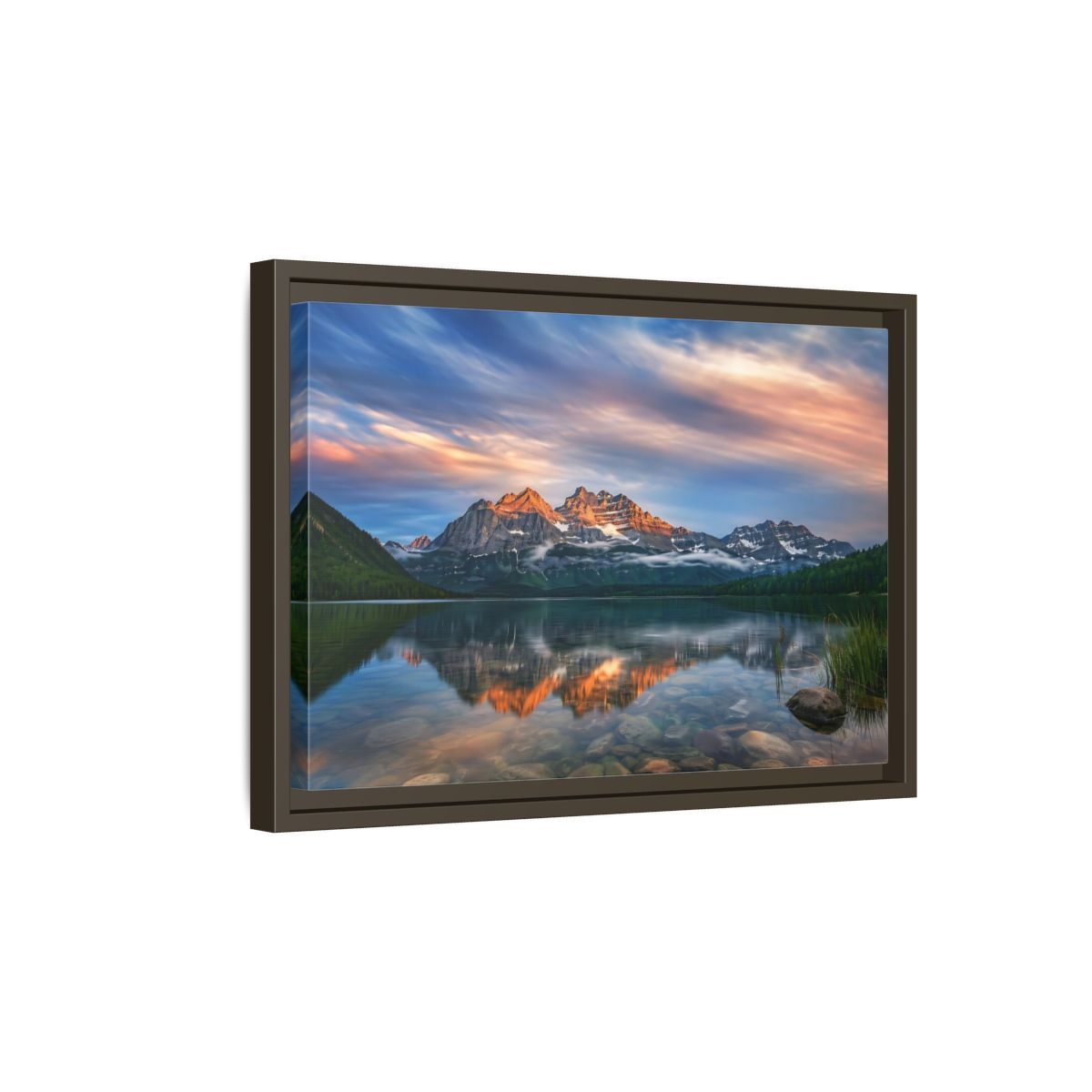 Side Mockup 5. Nature Mountain Lake Mountain Lake Sunset shown as stretched canvas wall art