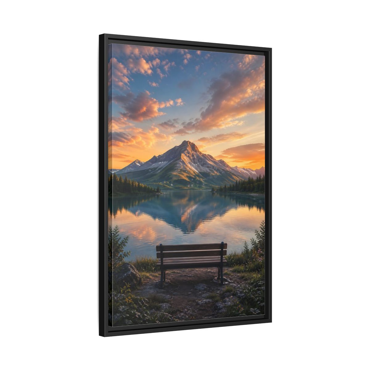 Nature Mountain Lake Sunset Framed Canvas Wall Art - Realistic Living Room Above Couch shown as canvas wall art