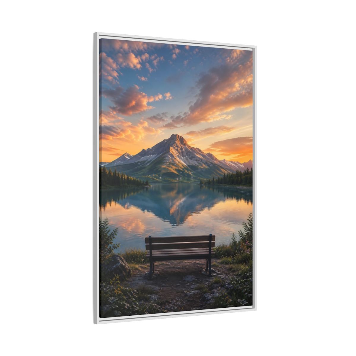 Nature Mountain Lake Sunset Framed Canvas Wall Art - Realistic Living Room Above Couch shown as canvas wall art