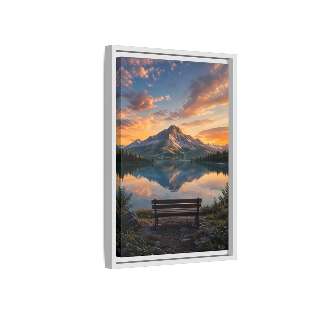 Nature Mountain Lake Sunset Framed Canvas Wall Art - Realistic Living Room Above Couch shown as canvas wall art