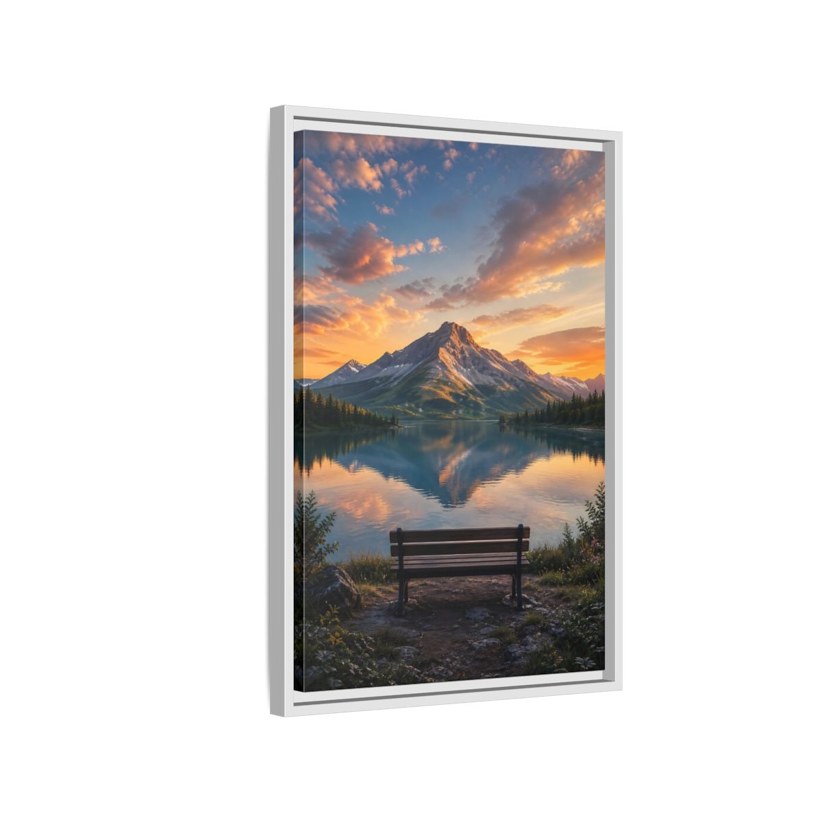 Nature Mountain Lake Sunset Framed Canvas Wall Art - Realistic Living Room Above Couch shown as canvas wall art