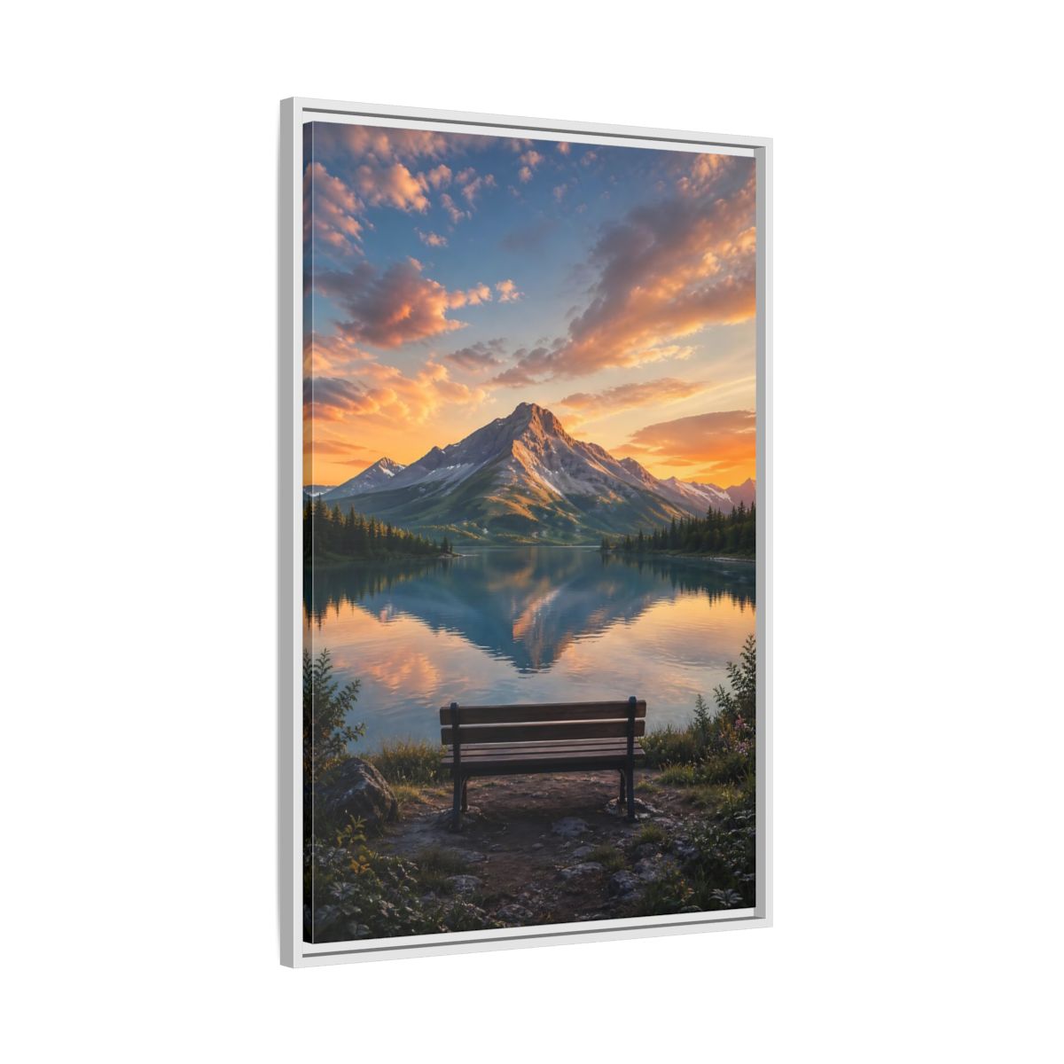 Nature Mountain Lake Sunset Framed Canvas Wall Art - Realistic Living Room Above Couch shown as canvas wall art