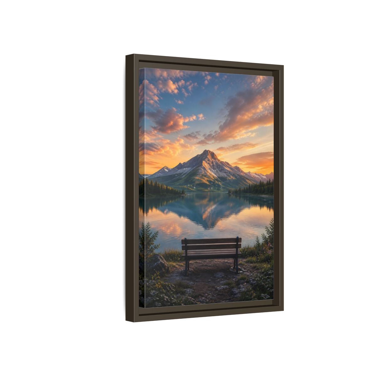 Nature Mountain Lake Sunset Framed Canvas Wall Art - Realistic Living Room Above Couch shown as canvas wall art
