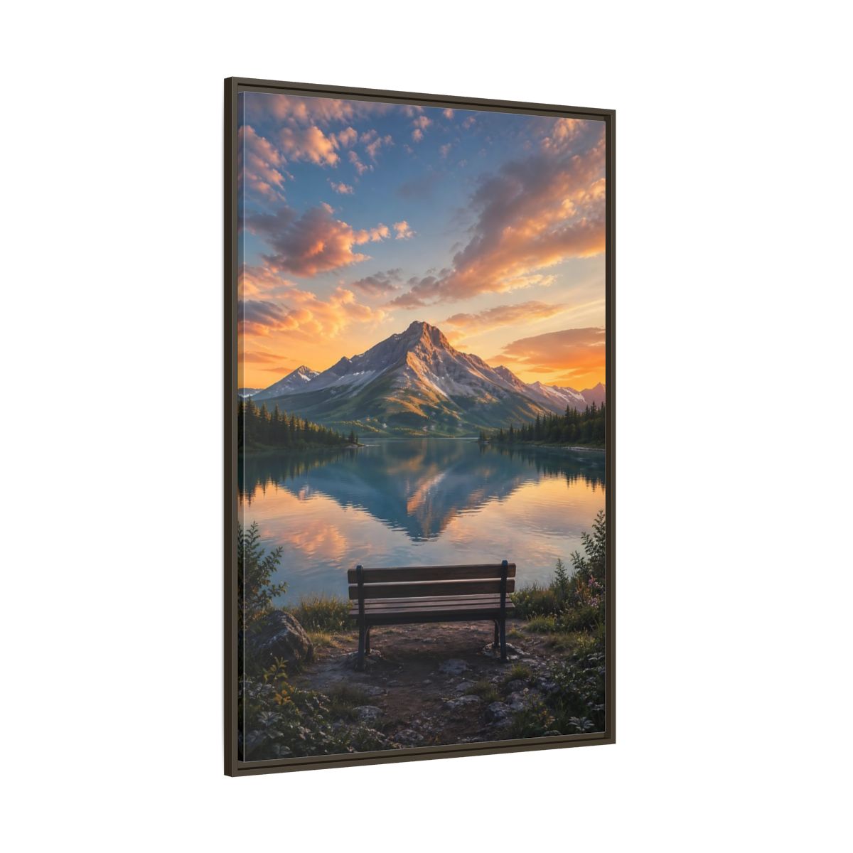 Nature Mountain Lake Sunset Framed Canvas Wall Art - Realistic Living Room Above Couch shown as canvas wall art