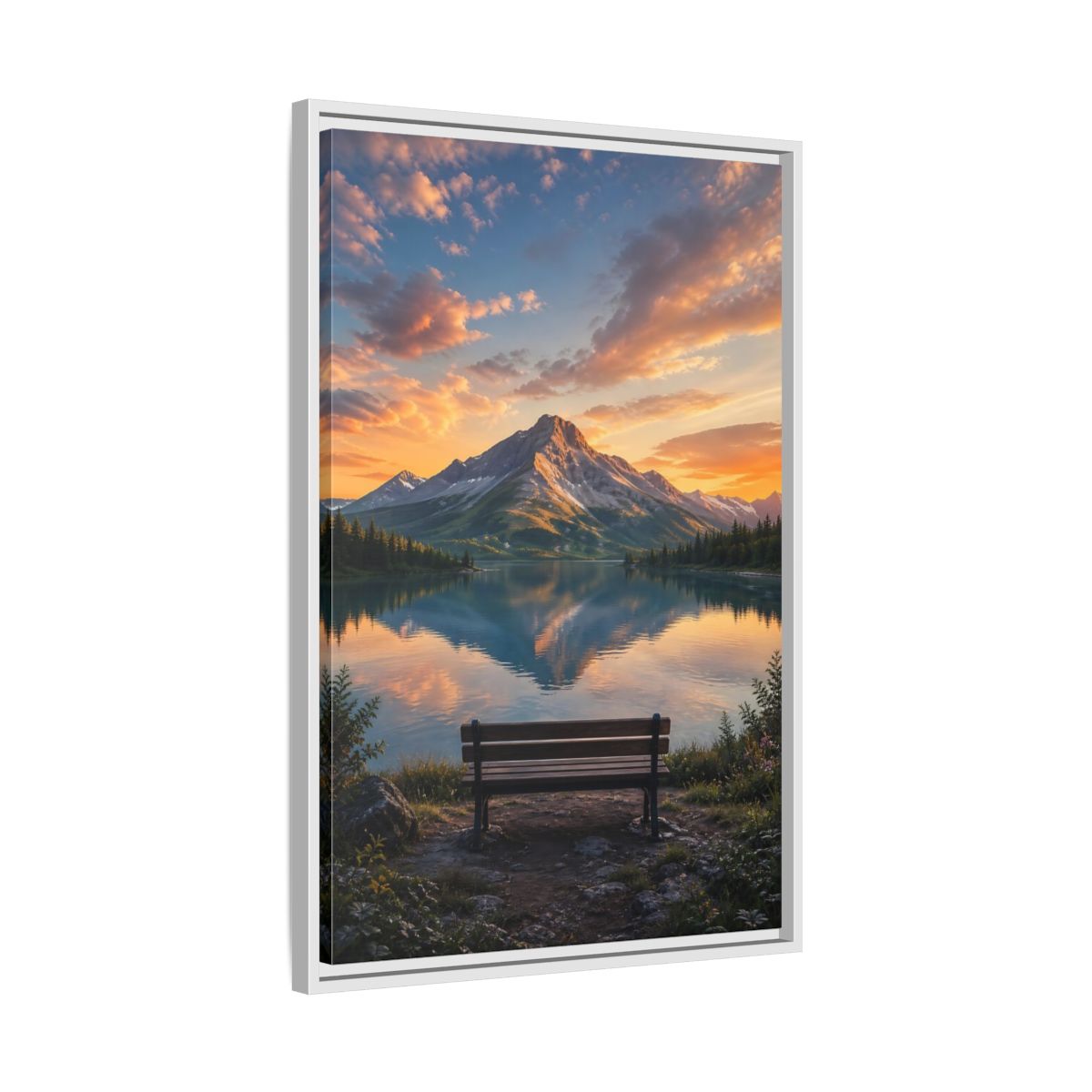 Nature Mountain Lake Sunset Framed Canvas Wall Art - Realistic Living Room Above Couch shown as canvas wall art