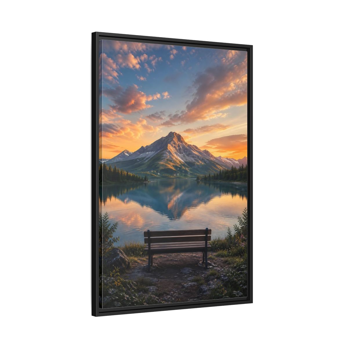 Nature Mountain Lake Sunset Framed Canvas Wall Art - Realistic Living Room Above Couch shown as canvas wall art