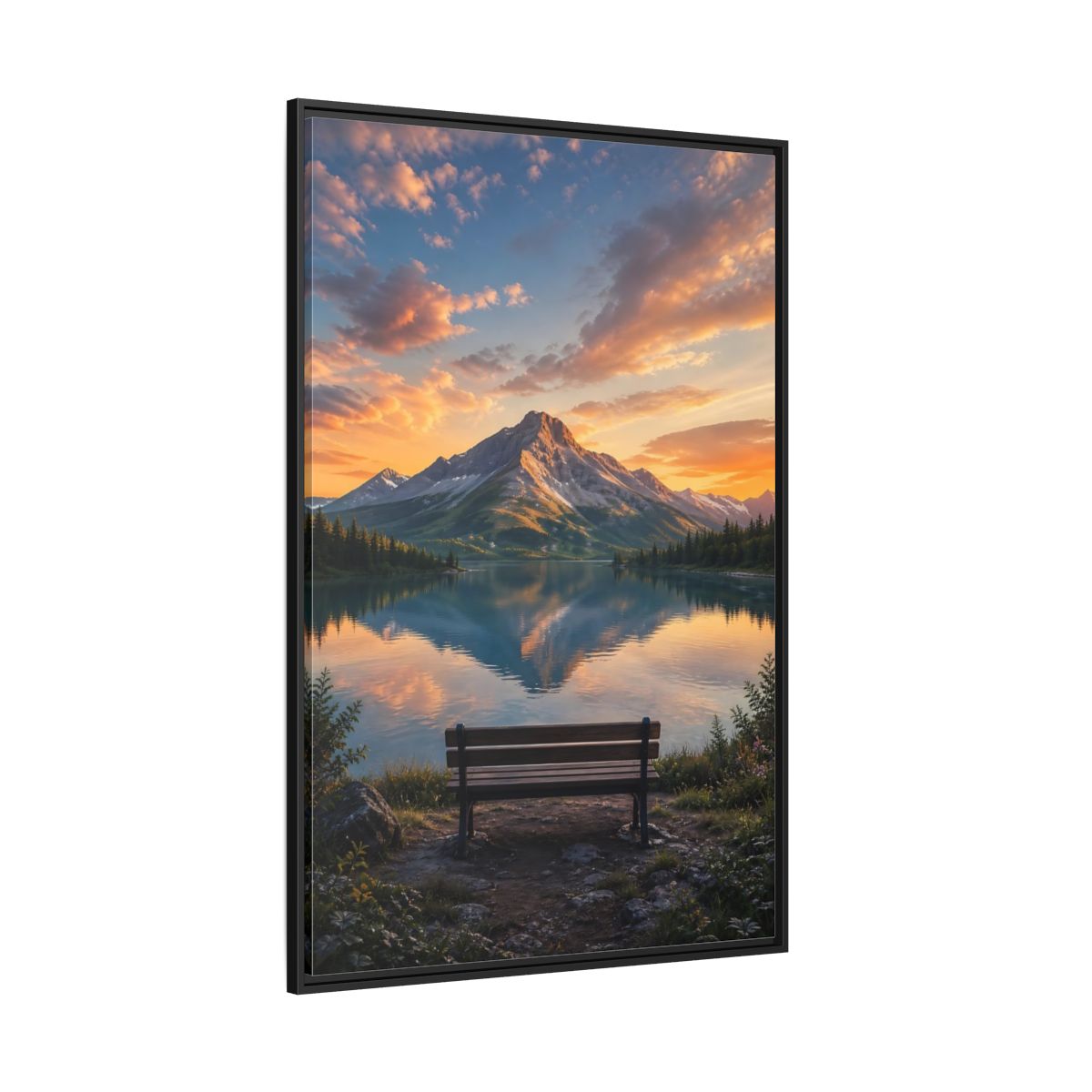 Nature Mountain Lake Sunset Framed Canvas Wall Art - Realistic Living Room Above Couch shown as canvas wall art