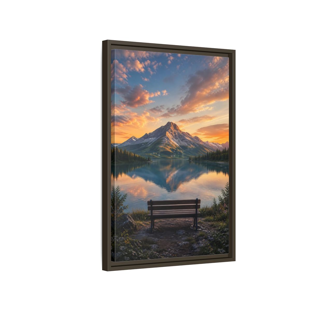 Nature Mountain Lake Sunset Framed Canvas Wall Art - Realistic Living Room Above Couch shown as canvas wall art