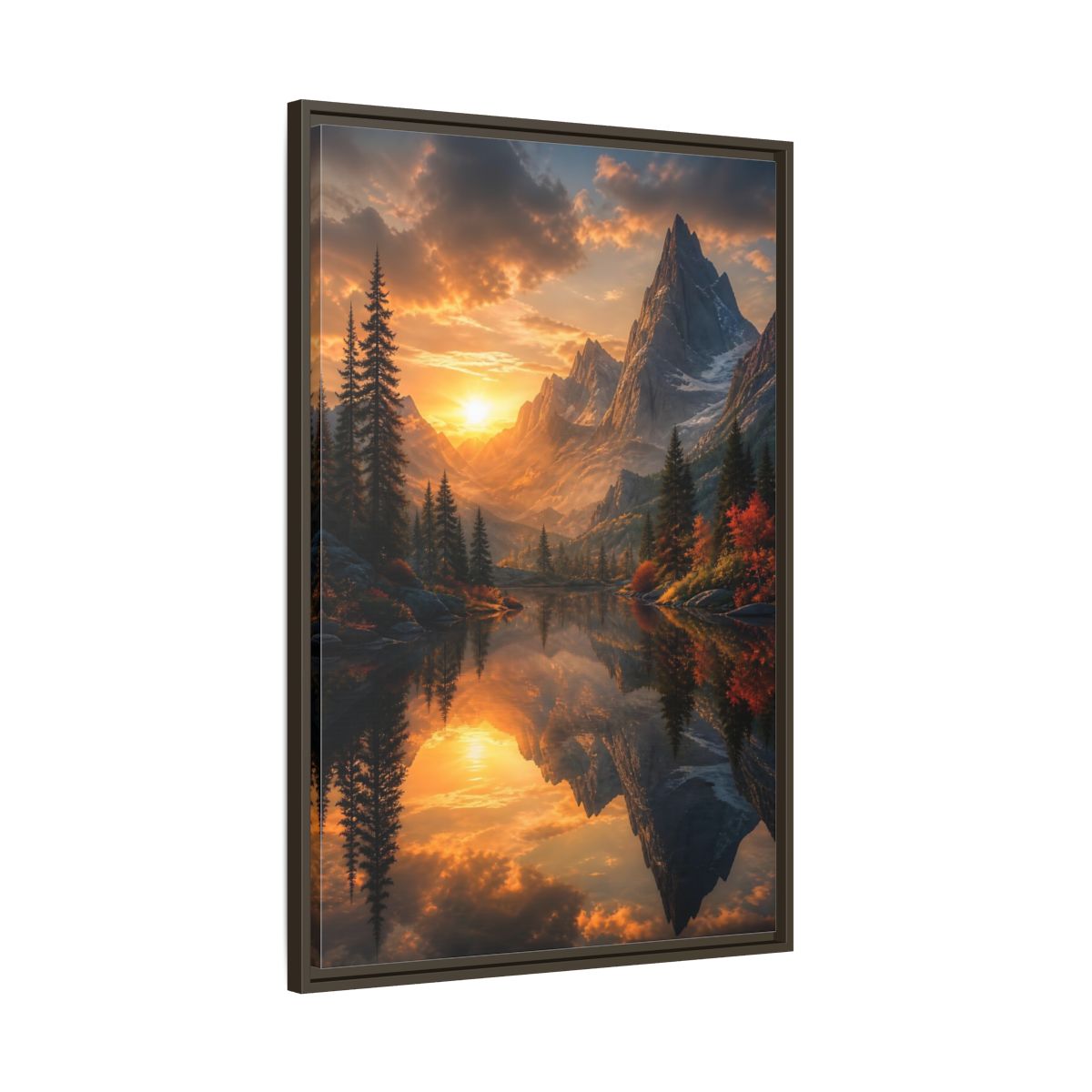 Nature Mountain Lake Sunset Framed Canvas Wall Art - Living Room, Above Sofa, Orange shown as canvas wall art