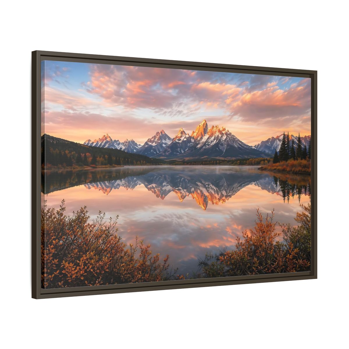 Main Mockup. Nature Mountain Lake Sunset Mountain Lake shown as stretched canvas wall art
