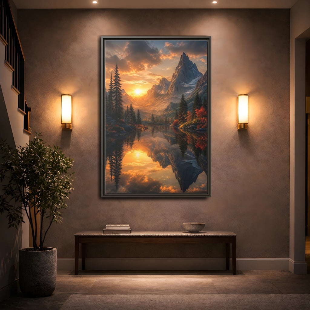 Mockup 2. Nature Mountain Lake Sunset Mountain Lake shown as stretched canvas wall art