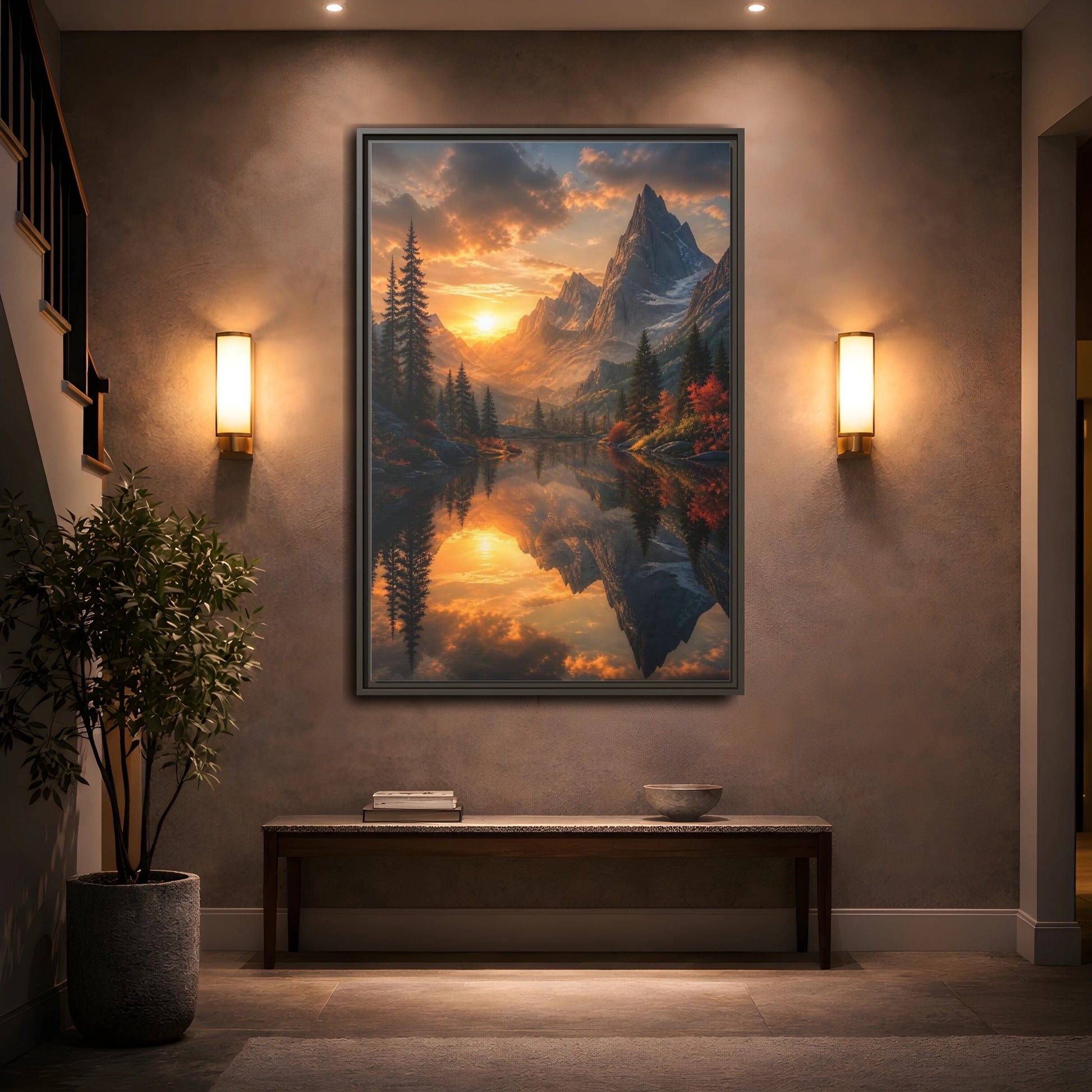 Nature Mountain Lake Sunset Framed Canvas Wall Art - Living Room, Above Sofa, Orange shown as canvas wall art