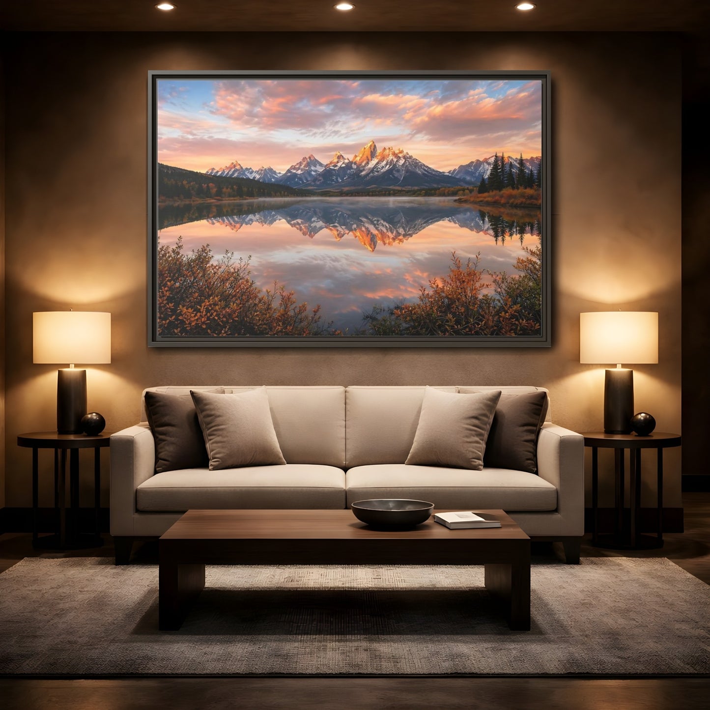 Mockup 2. Nature Mountain Lake Sunset Mountain Lake shown as stretched canvas wall art