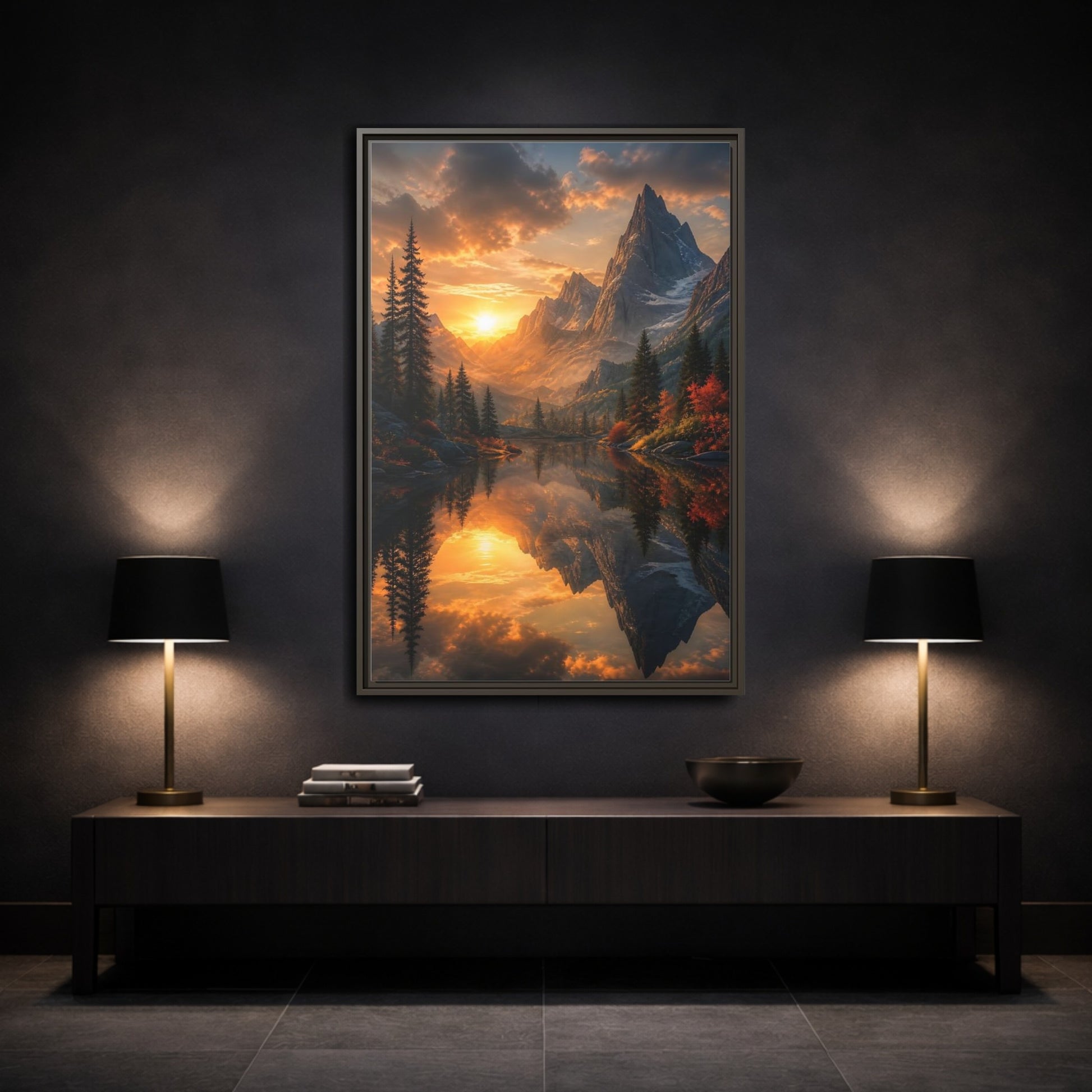 Nature Mountain Lake Sunset Framed Canvas Wall Art - Living Room, Above Sofa, Orange shown as canvas wall art