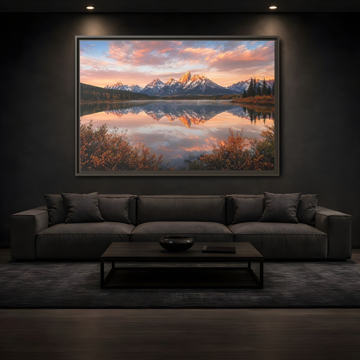 Mockup 3. Nature Mountain Lake Sunset Mountain Lake shown as stretched canvas wall art