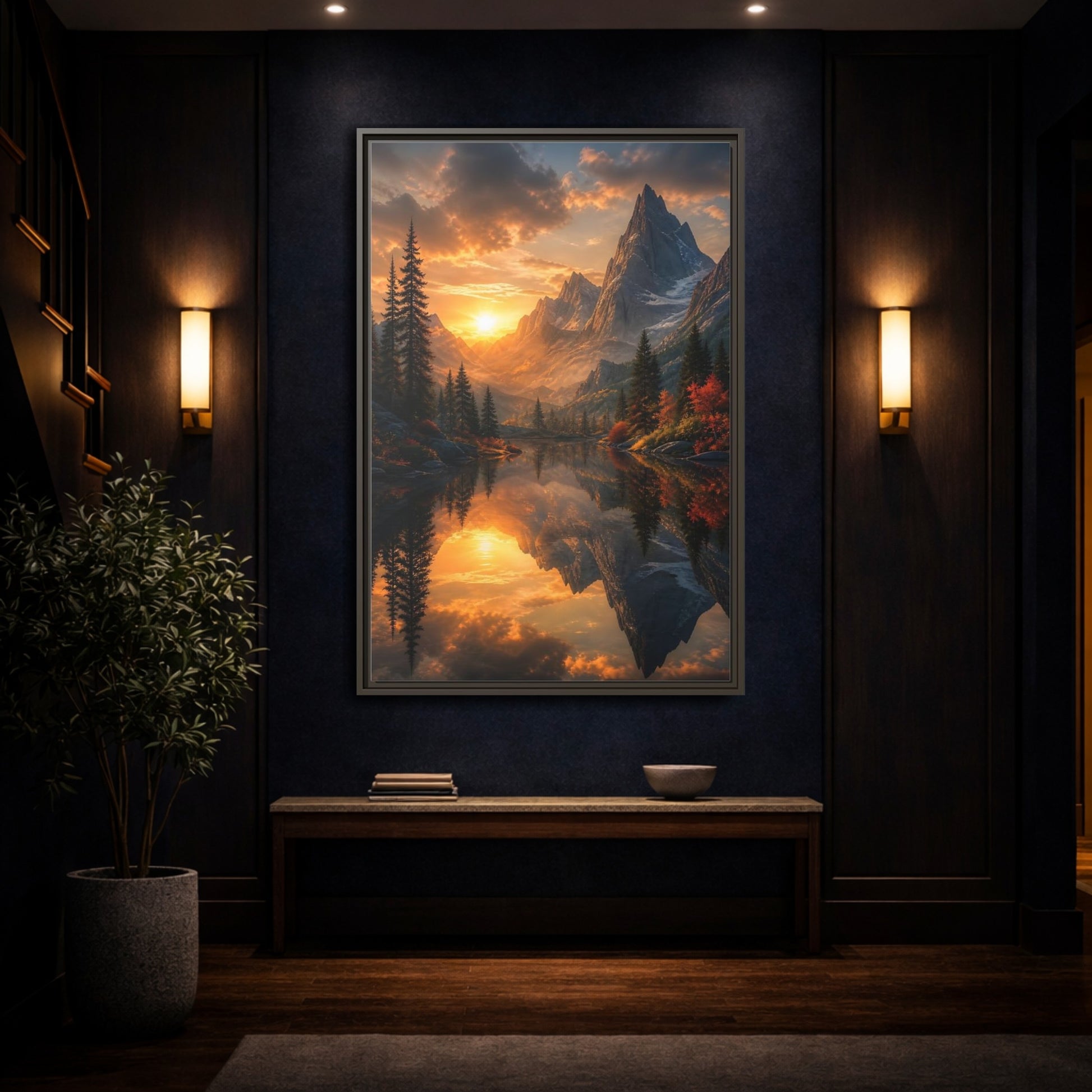 Nature Mountain Lake Sunset Framed Canvas Wall Art - Living Room, Above Sofa, Orange shown as canvas wall art
