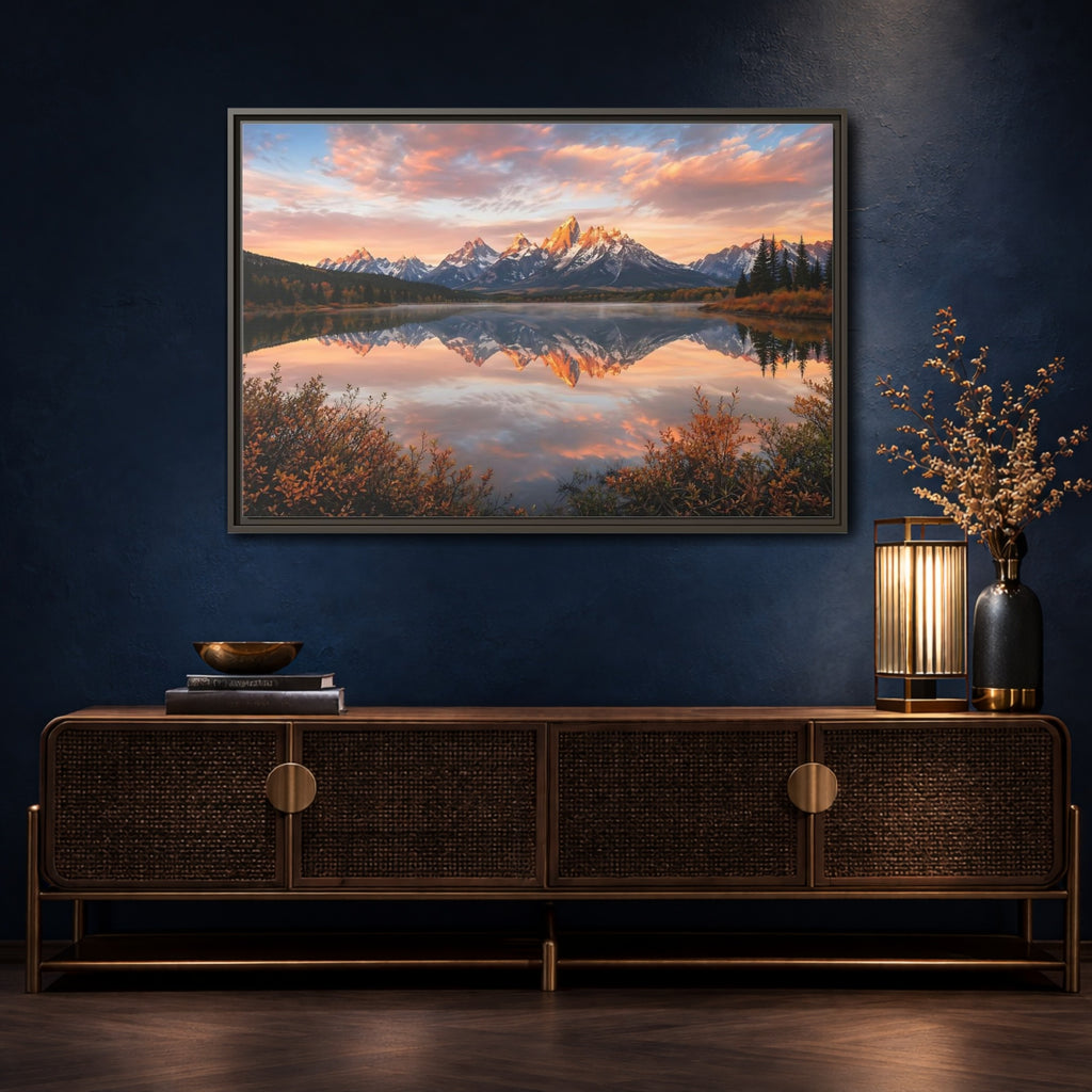 Mockup 4. Nature Mountain Lake Sunset Mountain Lake shown as stretched canvas wall art