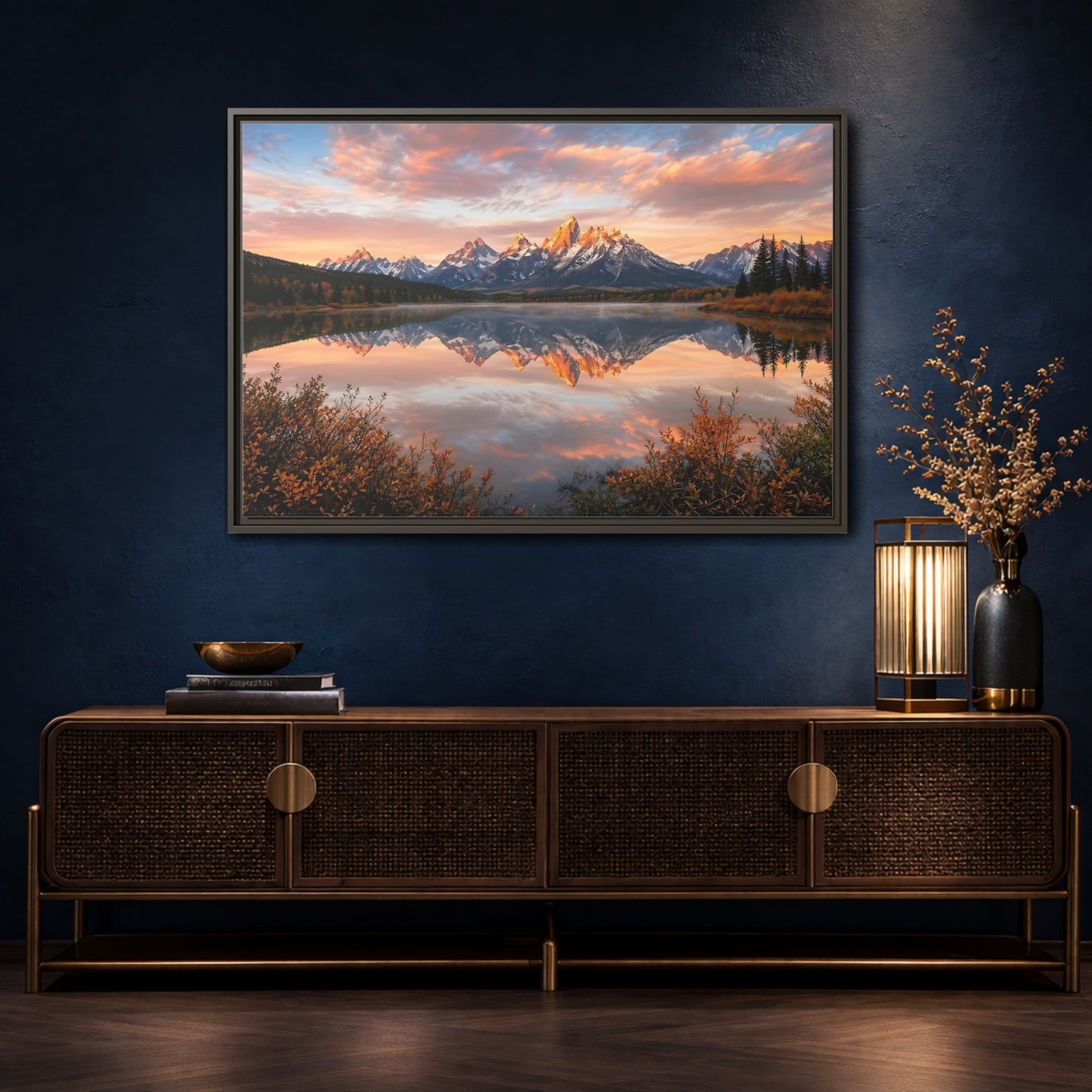 Mockup 4. Nature Mountain Lake Sunset Mountain Lake shown as stretched canvas wall art