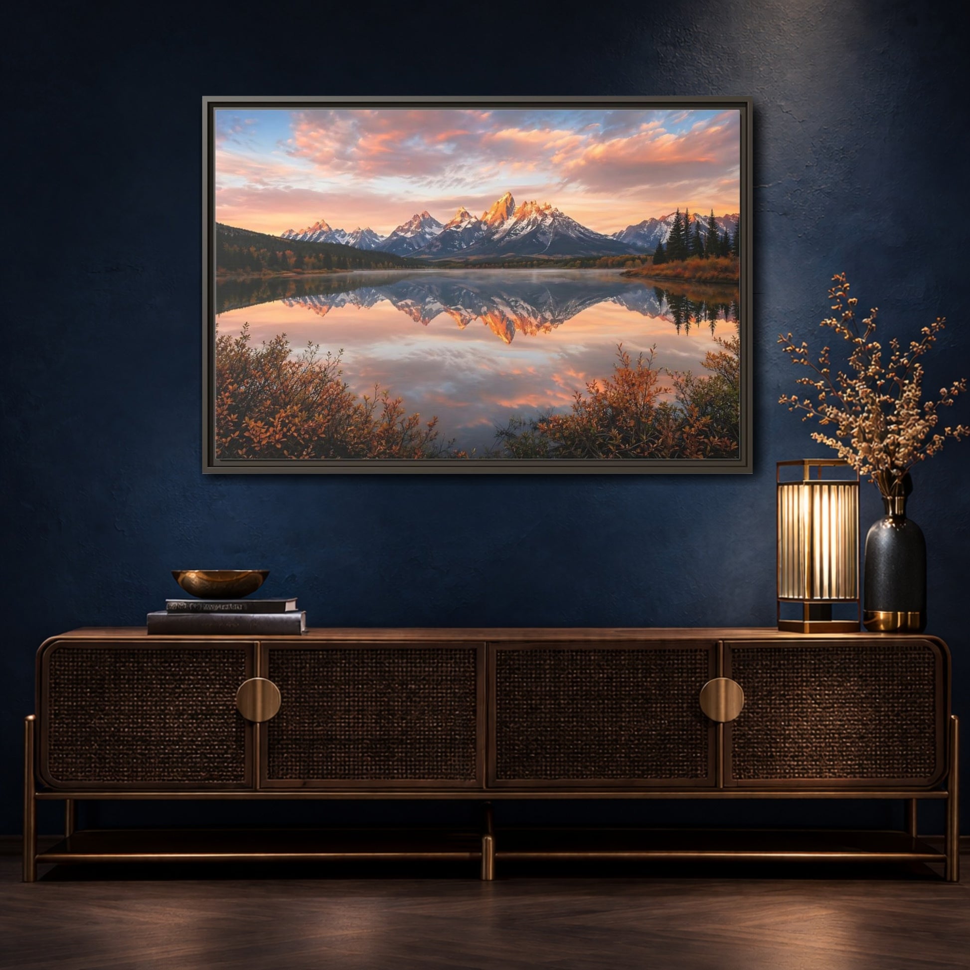 Mockup 4. Nature Mountain Lake Sunset Mountain Lake shown as stretched canvas wall art