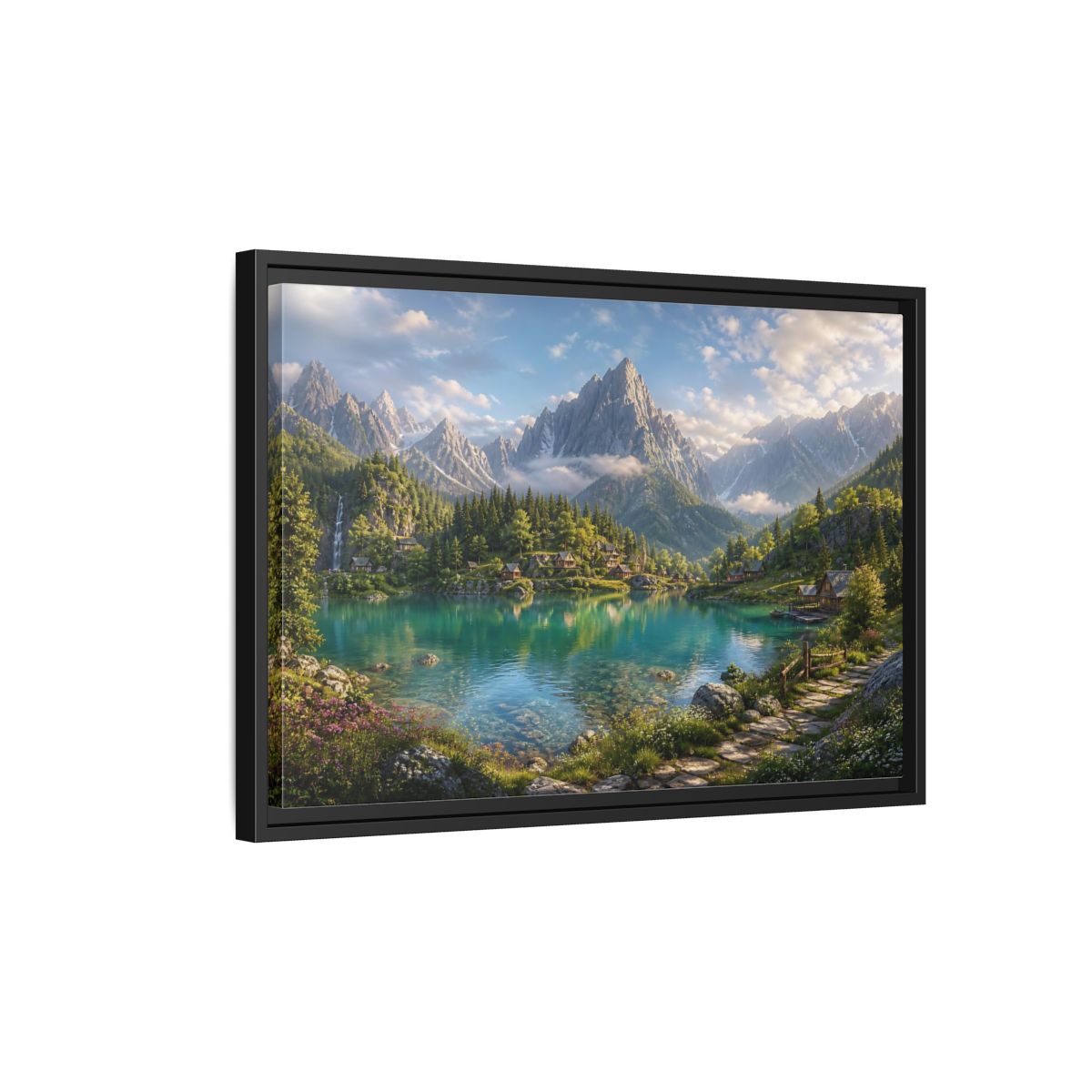 Side Mockup 3. Nature Mountain Lake Turquoise Mountain Lake shown as stretched canvas wall art