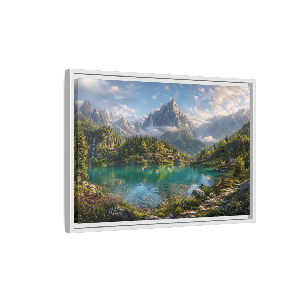 Side Mockup 1. Nature Mountain Lake Turquoise Mountain Lake shown as stretched canvas wall art