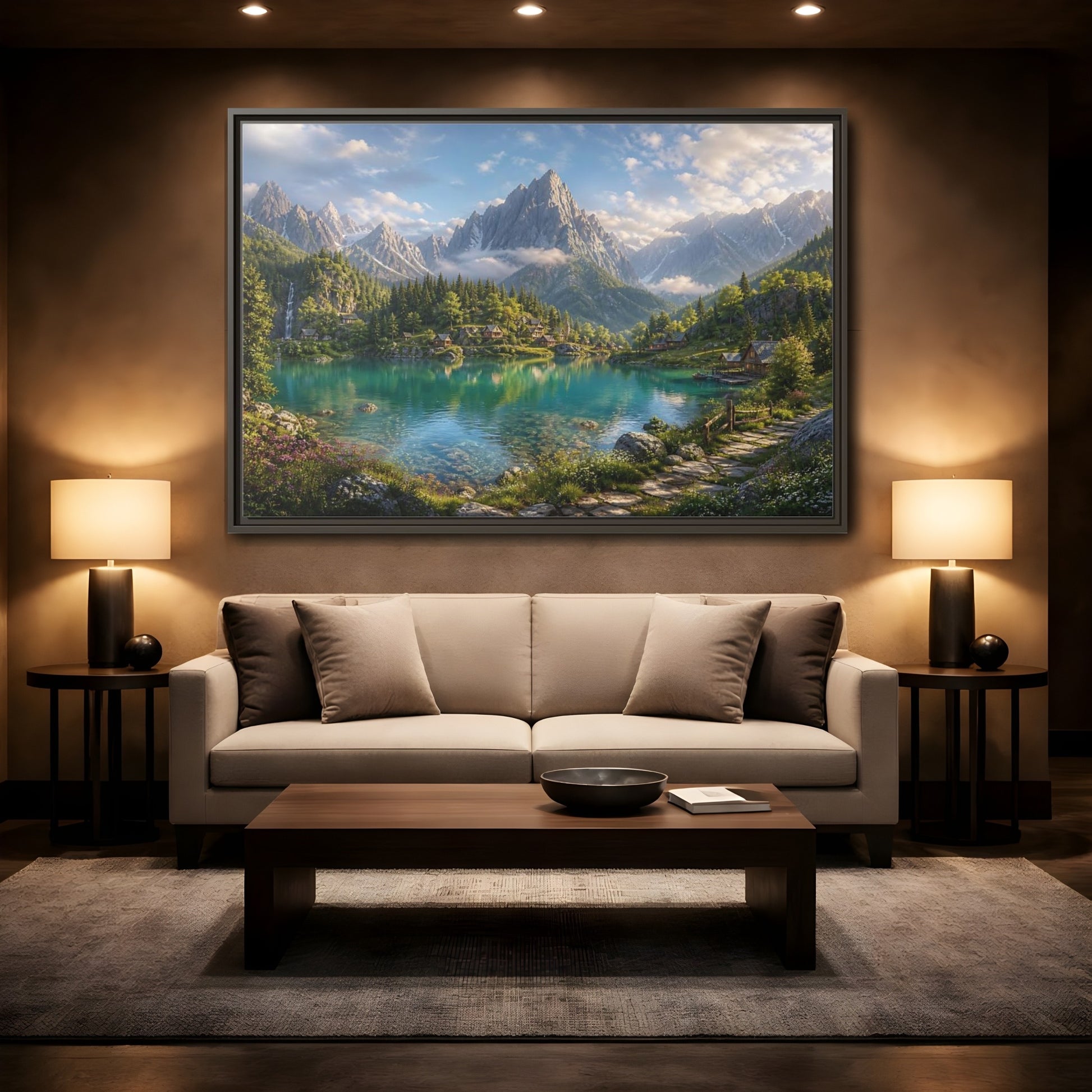 Mockup 2. Nature Mountain Lake Turquoise Mountain Lake shown as stretched canvas wall art